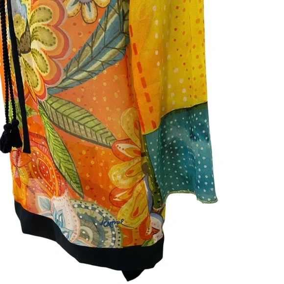 Desigual sheer festive top 3/4 sleeves floral Pom Pom V neckline orange yellow - Picture 7 of 16